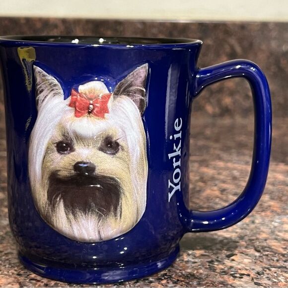 NEW Yorkshire Terrier Mug Yorkey Yorkie 3D Dog Blue Coffe Cup Encore Paw Prints - Picture 1 of 7